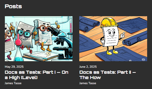 Shows my Docs as Tests blog posts as seen on the blog navigation page