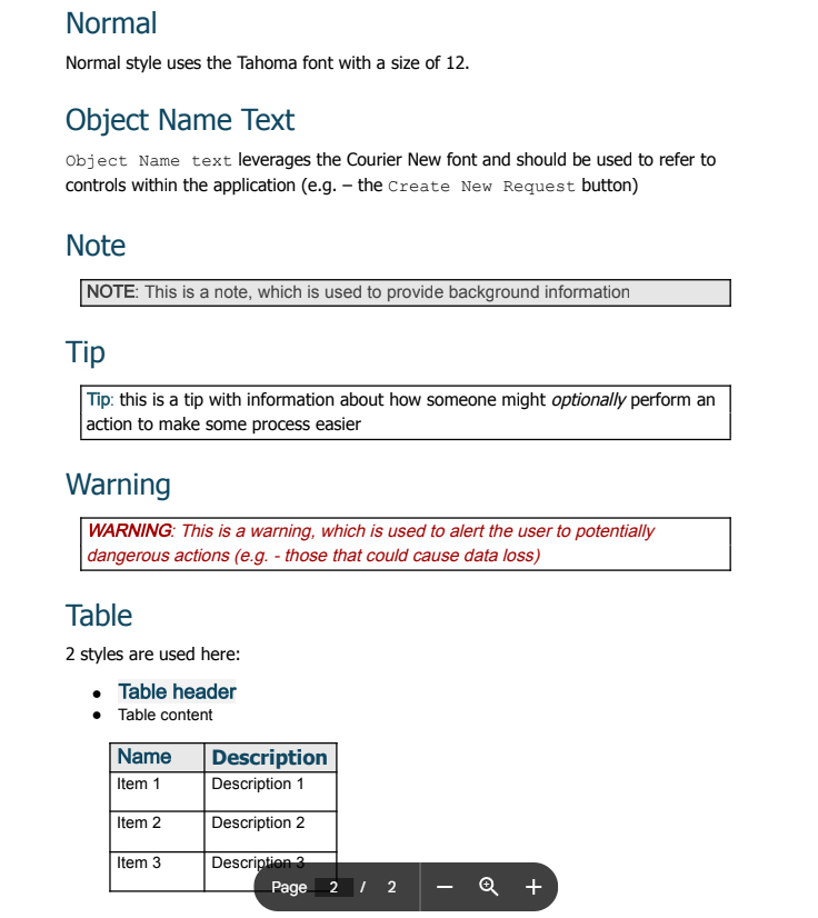 Screenshot of a style guide that I created