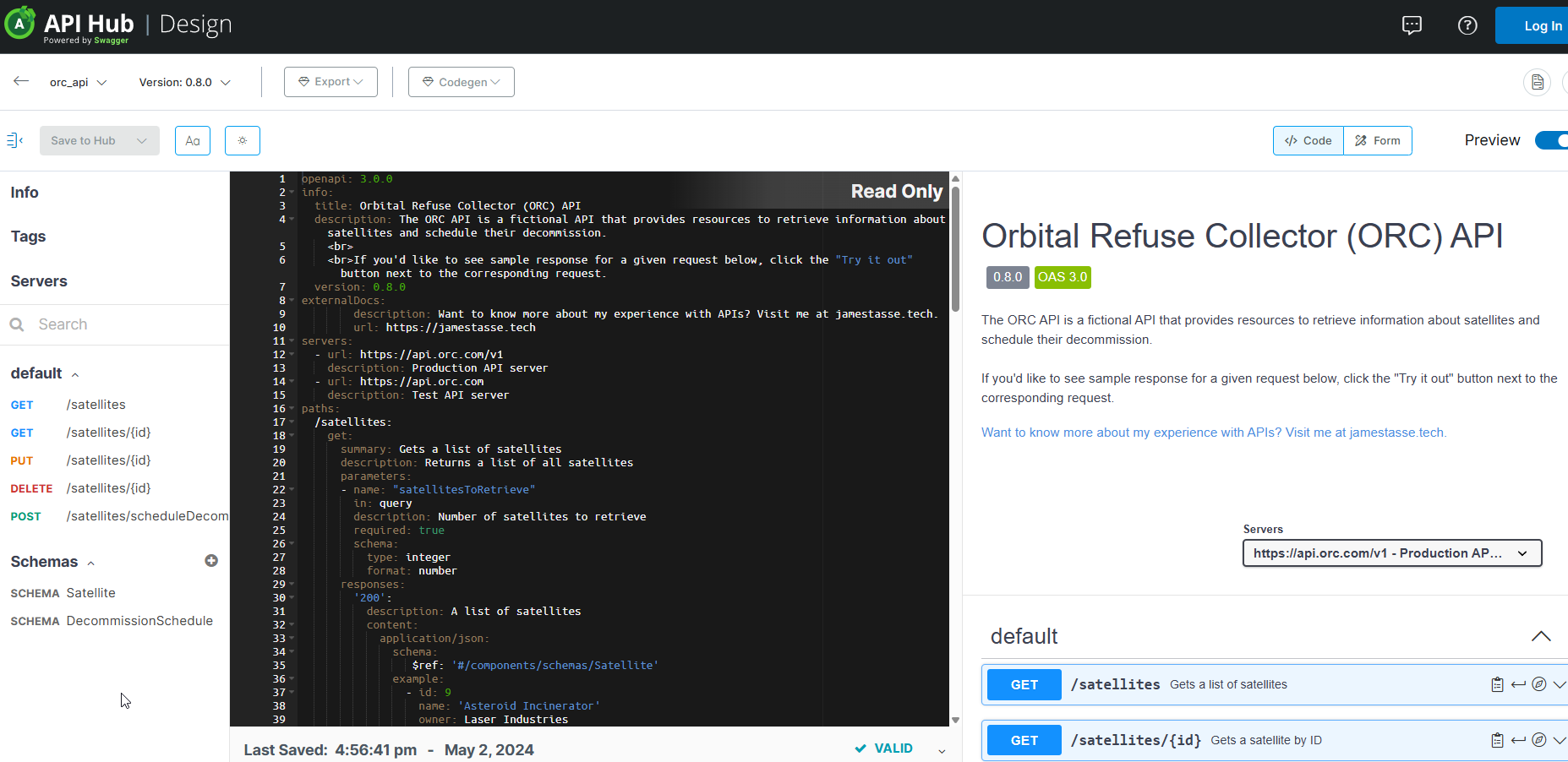 Screenshot showing my Swagger Hub API implementation