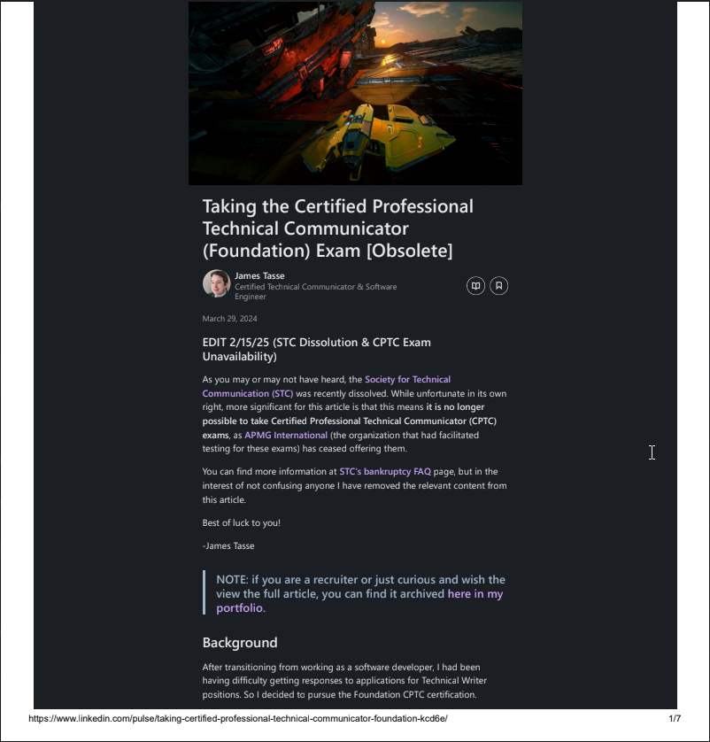 Screenshot showing my (now obsolete) article on taking the CPTC Foundation exam