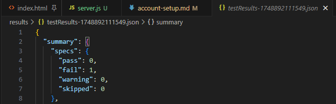 Screenshot of the top of the Doc Detective test results file