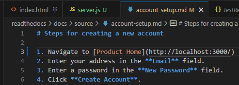 Screenshot of the 'account-setup.md' file before correcting the button language
