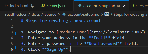 Screenshot of the 'account-setup.md' file after correcting the button language
