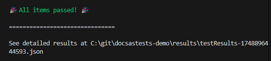 Screenshot of the terminal showing all Doc Detective tests passing