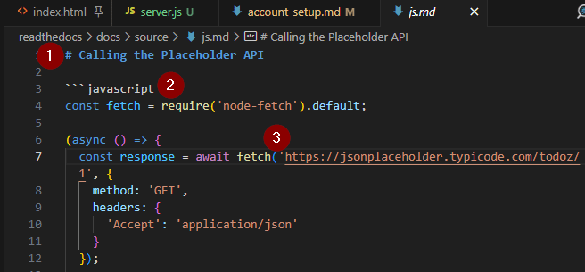 Annotated screenshot of the `js.md` file