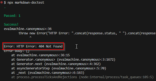 Screenshot of the terminal showing the expected 404 (not found) error