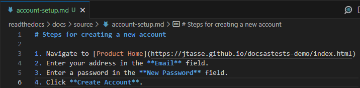 Screenshot of the account-setup.md markdown file