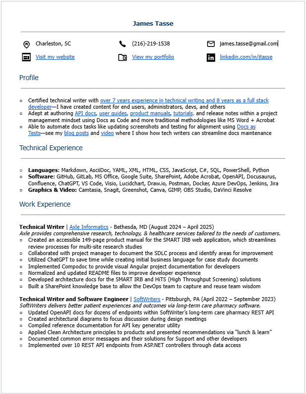 screenshot of resume