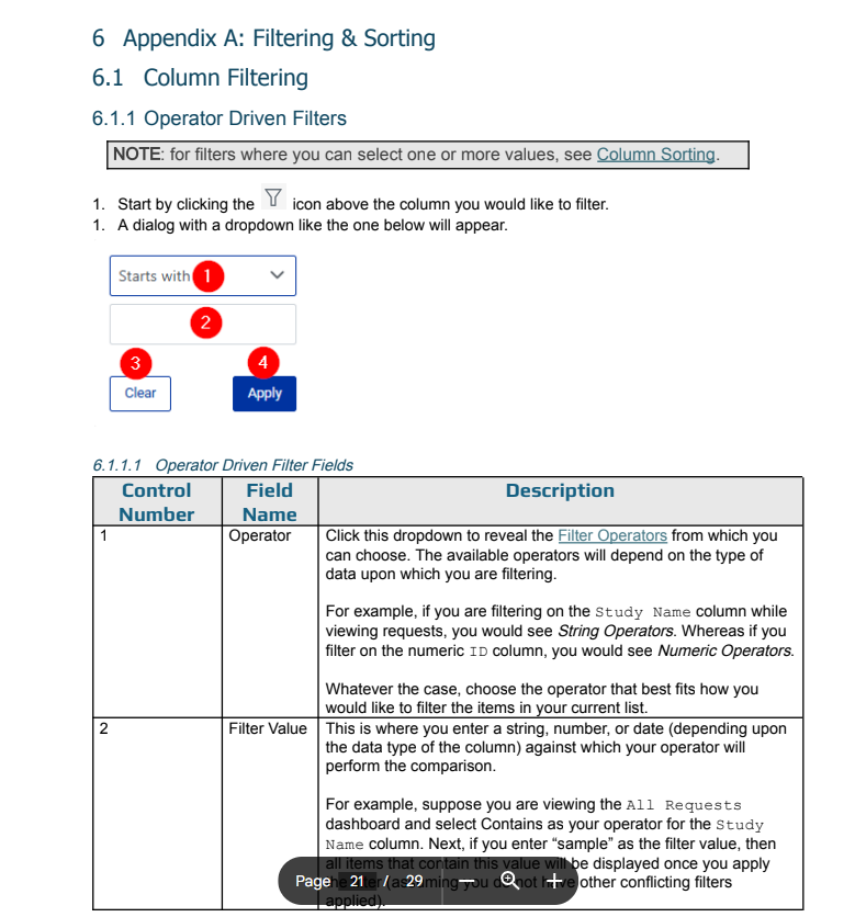 Screenshot showing a portioin of the SMART IRB manual that explains filtering operators